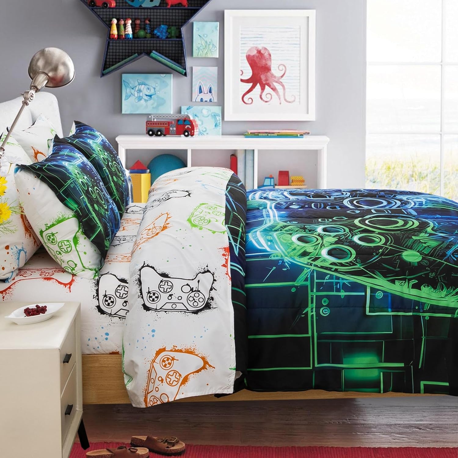 A Nice Night 5Pcs Gaming Comforter Set,Blue Green 3D Game Contoller Themed Keyboard Printing Bedding Sets for Kids Teen Boys, Reversible Comforter for All Seasons,Twin