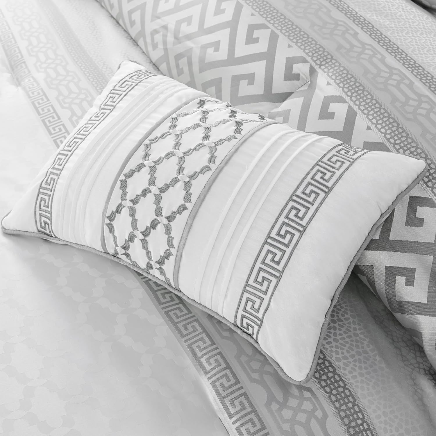 Madison Park Luxury Comforter Set-Traditional Jacquard Design All Season down Alternative Bedding, Matching Bedskirt, Decorative Pillows, Queen(90"X90"), Bennett, Geometric Grey 7 Piece