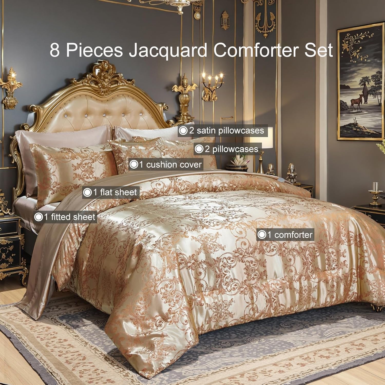 Queen Size 8-Piece Jacquard Comforter Set with Satin Sheets Set – Elegant Coordinated Bedding Collection for Bedroom