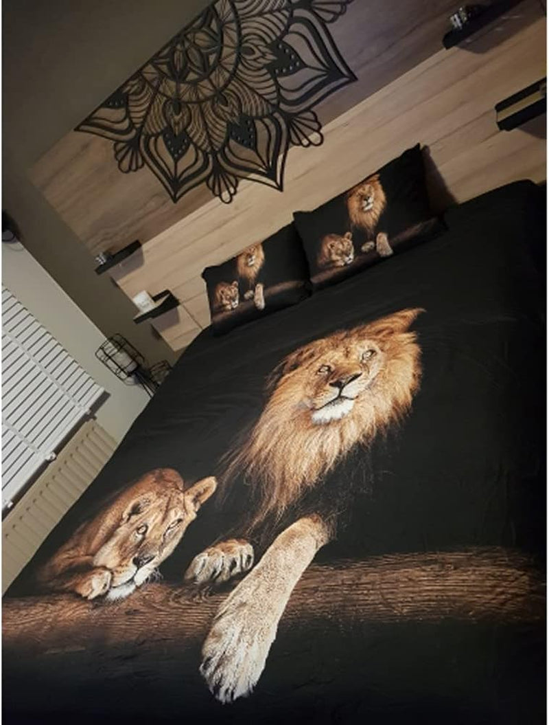 Lion Duvet/Quilt Cover Sets Black Linens Bed Pillow Shams King Queen Twin Full Size Boys Kids Animal Bed Set Home Textile (Queen, 004)