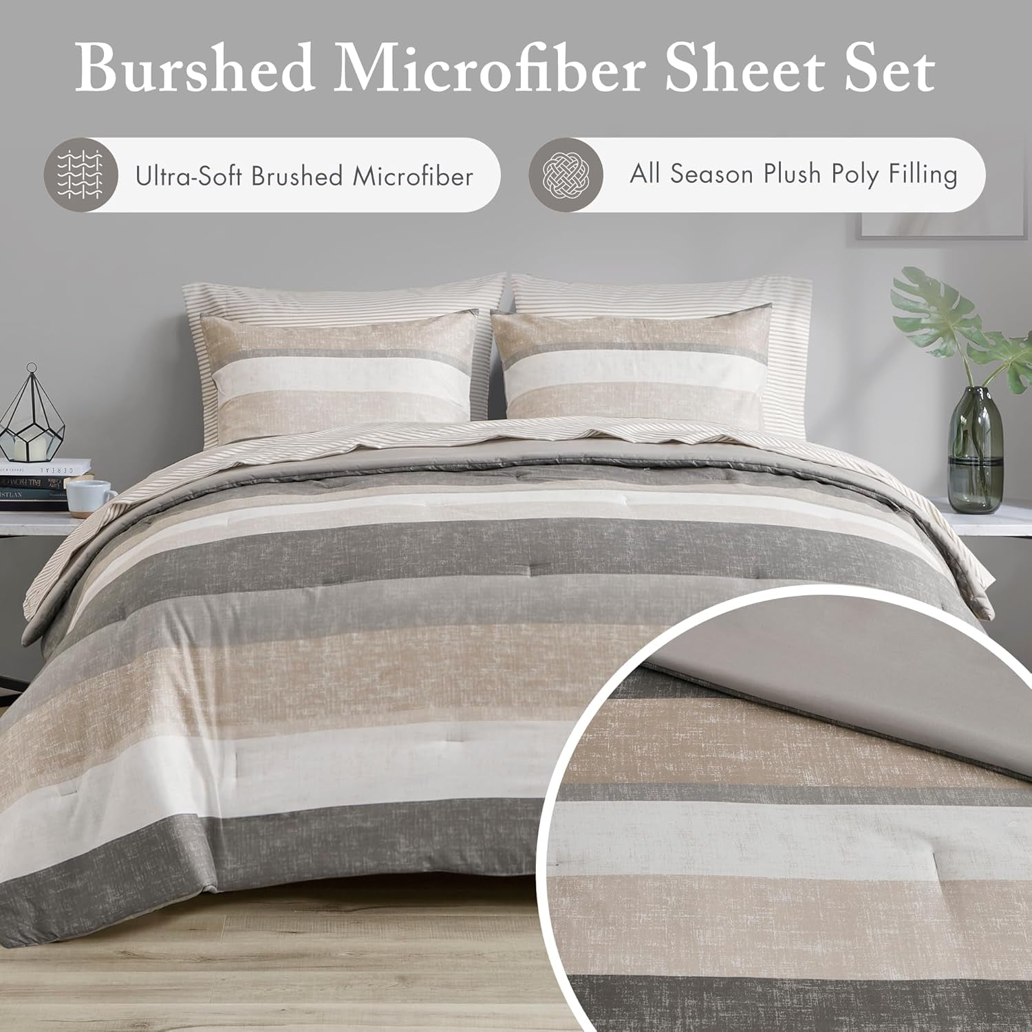 Madison Park Essentials Queen Comforter Set, Bed in a Bag Comforter & Sheet Set, Modern Casual Stripes Print, All Seasons, Soft Microfiber Bedding Makeover, Matching Shams, Queen Taupe/Grey 7 Piece