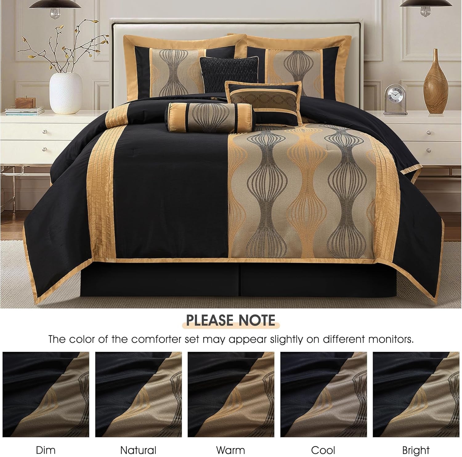 LANCO MODERN LIFESTYLE King Comforter Set, Black Gold, 7 Pieces Bed in a Bag, Ultra Soft Jacquard with Solid Piecework, Luxury Bed Set with Comforters, Bed Skirt, Pillow Shams and Decorative Pillows