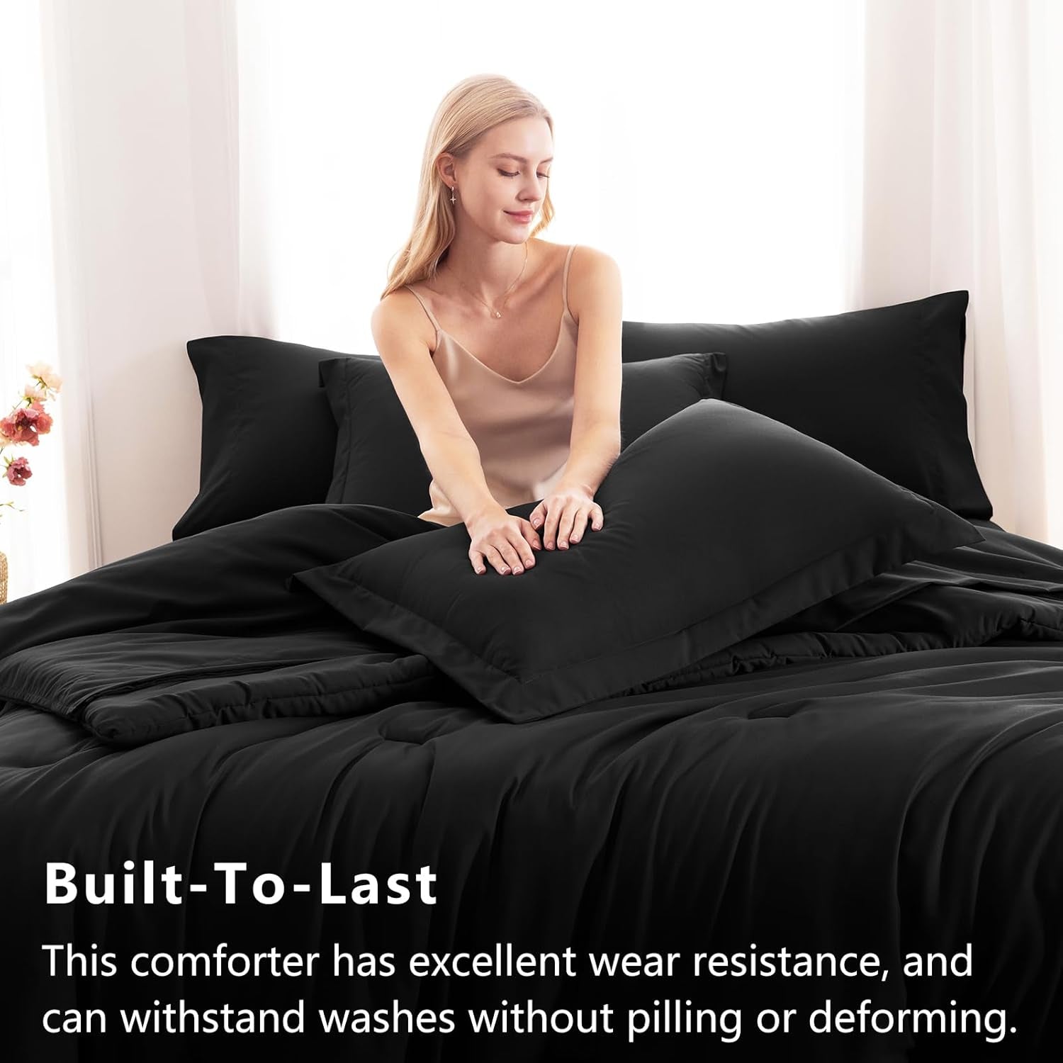 Cozylux Queen Comforter Set Black, 7 Pieces Bed in a Bag Soft Bedding Comforter Set with Sheets, All Season Boho 7PC Bed Sets with Comforter, Fitted Sheets, Flat Sheets, Pillow Shams and Pillowcases