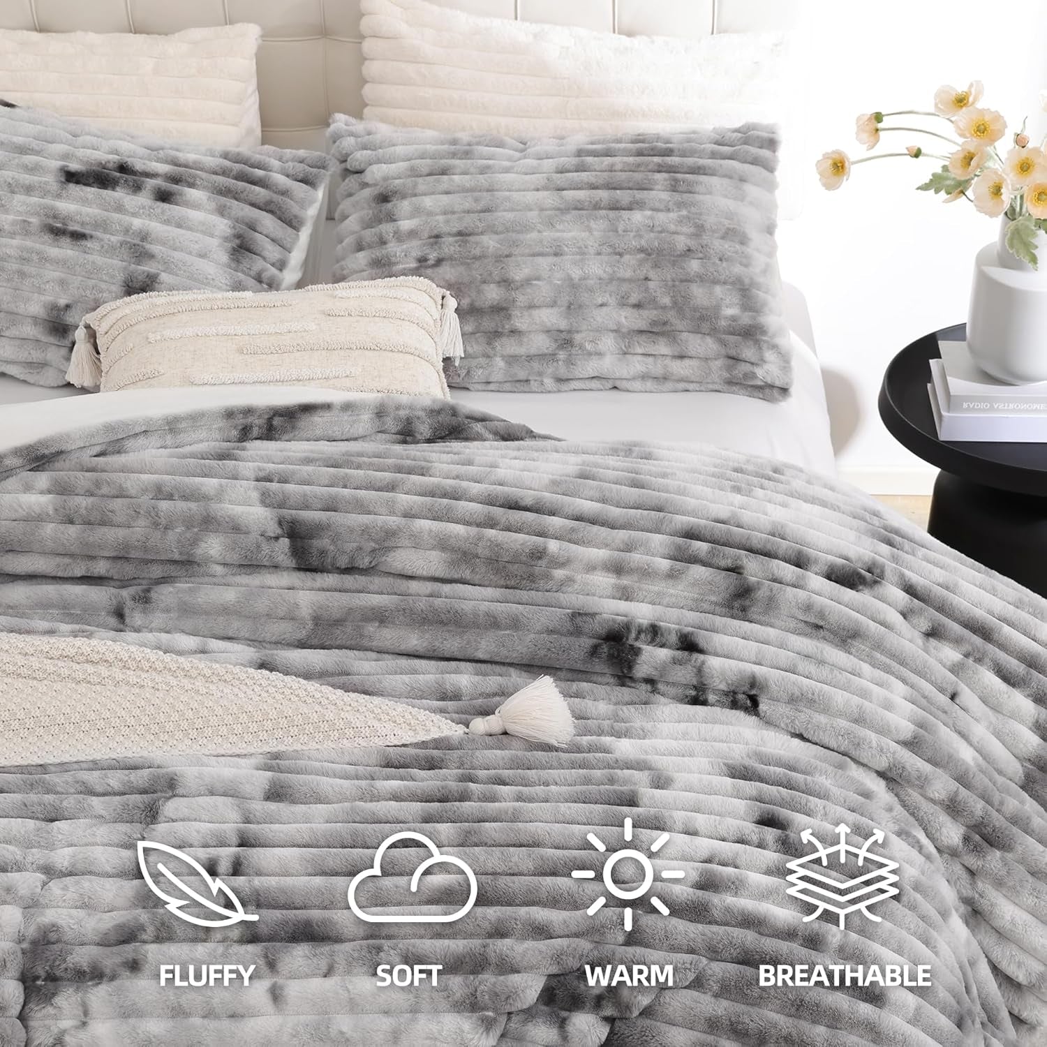 Smoofy Fluffy King Size Comforter Set 3 Pieces - Tie-Dye Grey Fleece Fluffy Comforter Set, Luxury Fuzzy King Bedding Set, Soft King Bed Set All Season, Heavy Faux Fur Comforter with 2 Pillow Cases