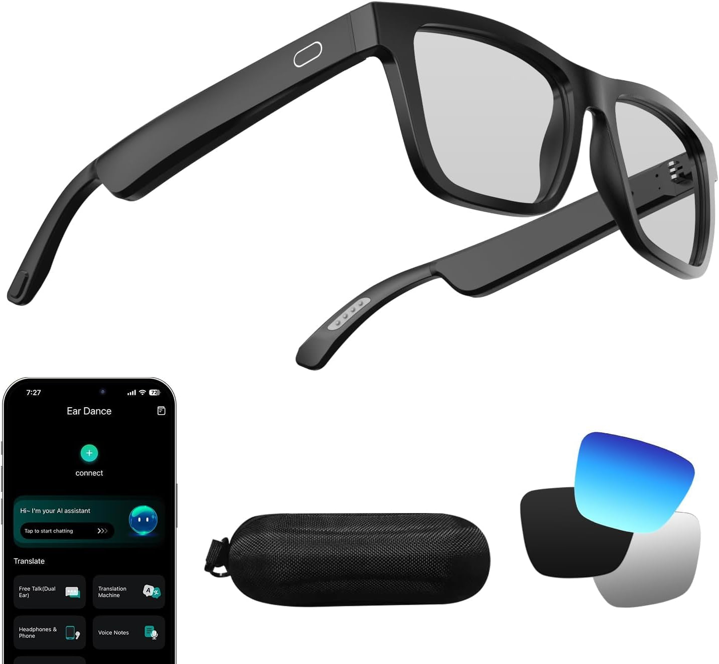 Smart Glasses for Men and Women, with Chat GPT, AI Bluetooth Translation Glasses with 164 Languages, & Blue Lens&Color Change Lens&Black Lens, UV 400 Protection for Daily Use, Travel