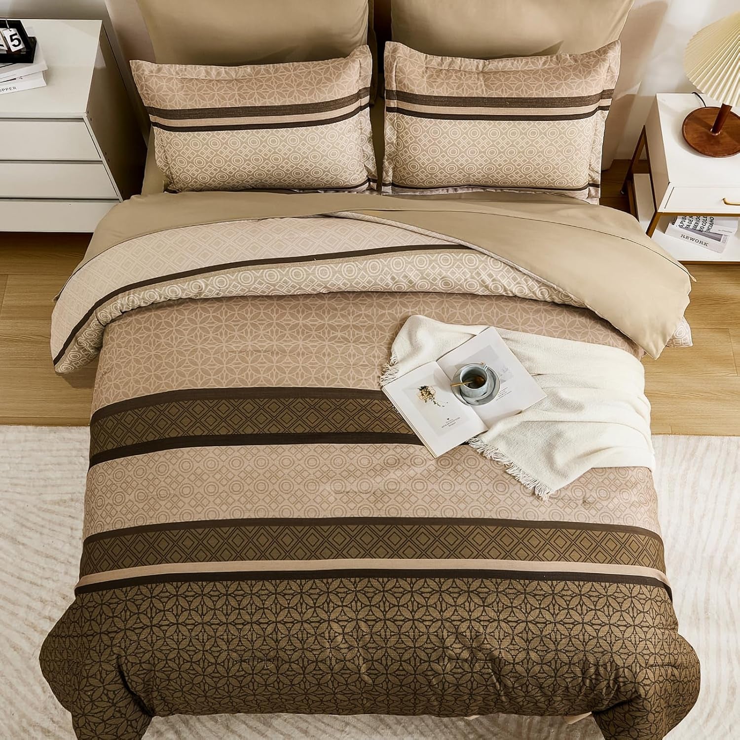 WONGS BEDDING 7 Pieces Comforter Set Queen Size, Brown Striped Bed in a Bag Comforter and Sheet Set, Minimalist Geometric Soft Lightweight Micorfiber Bedding Set for All Season (90"×90")