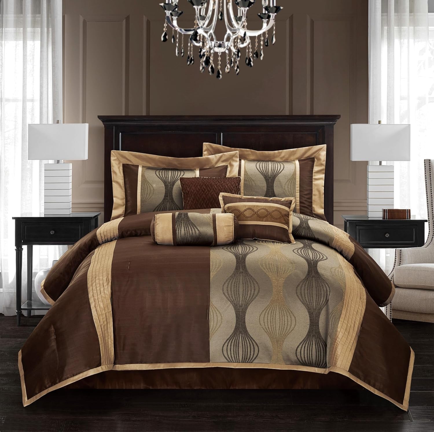 Grand Avenue Elegant Jacquard Brown Comforter Set, Size Queen, 7 Piece Bed in a Bag, Striped Bedding Set All Season, Matching Decorative Pillows, Pillow Shams & Bed Skirt