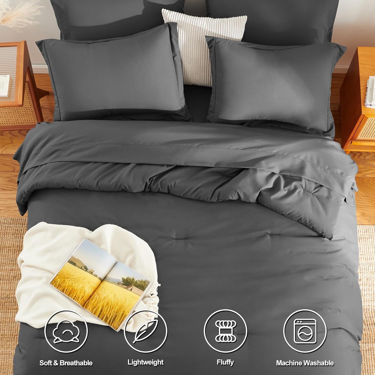Queen Comforter Set - 7 Pieces Bed in a Bag Queen Size, Luxury Comforter Set with Sheets for All Season, Bed Set with Comforter, Flat Sheet, Fitted Sheet, Pillowcases & Shams, Dark Grey