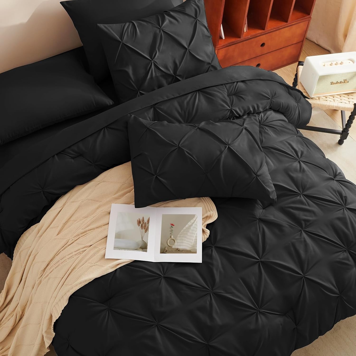 Pintuck Bed in a Bag, 7 Pieces King Size Comforter Set Black, Luxury Pinch Pleat Bed in a Bag, Soft All Season Bedding Sets with Comforter, Flat Sheet, Fitted Sheet and Pillowcases & Shams