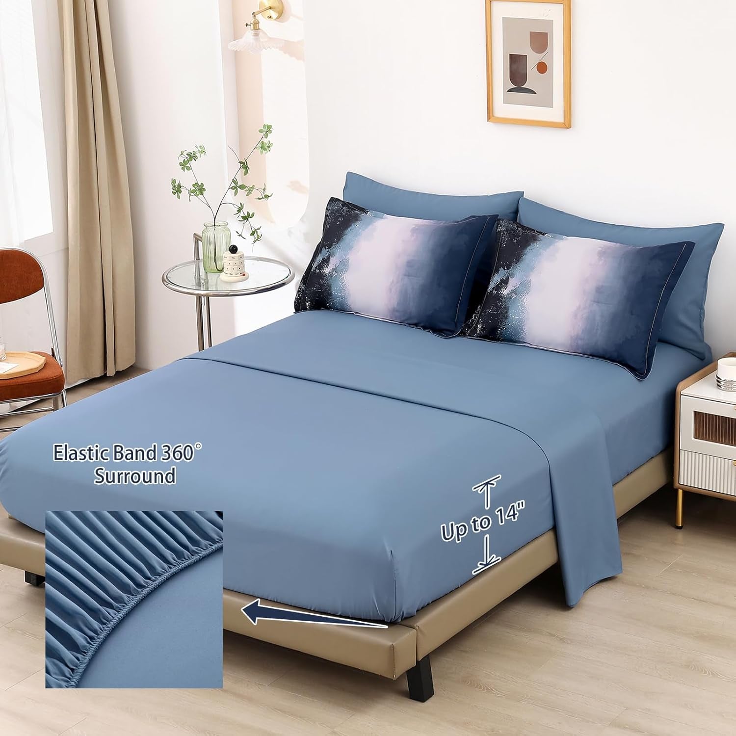 Dinjoy Ombre Blue Comforter Set King Size Gradient Navy Blue Black Boho Bedding Set for Teen Men Women 7 Pieces Bed in a Bag Bohemian Bed Set with Comforter, Sheets, Pillowcases & Shams