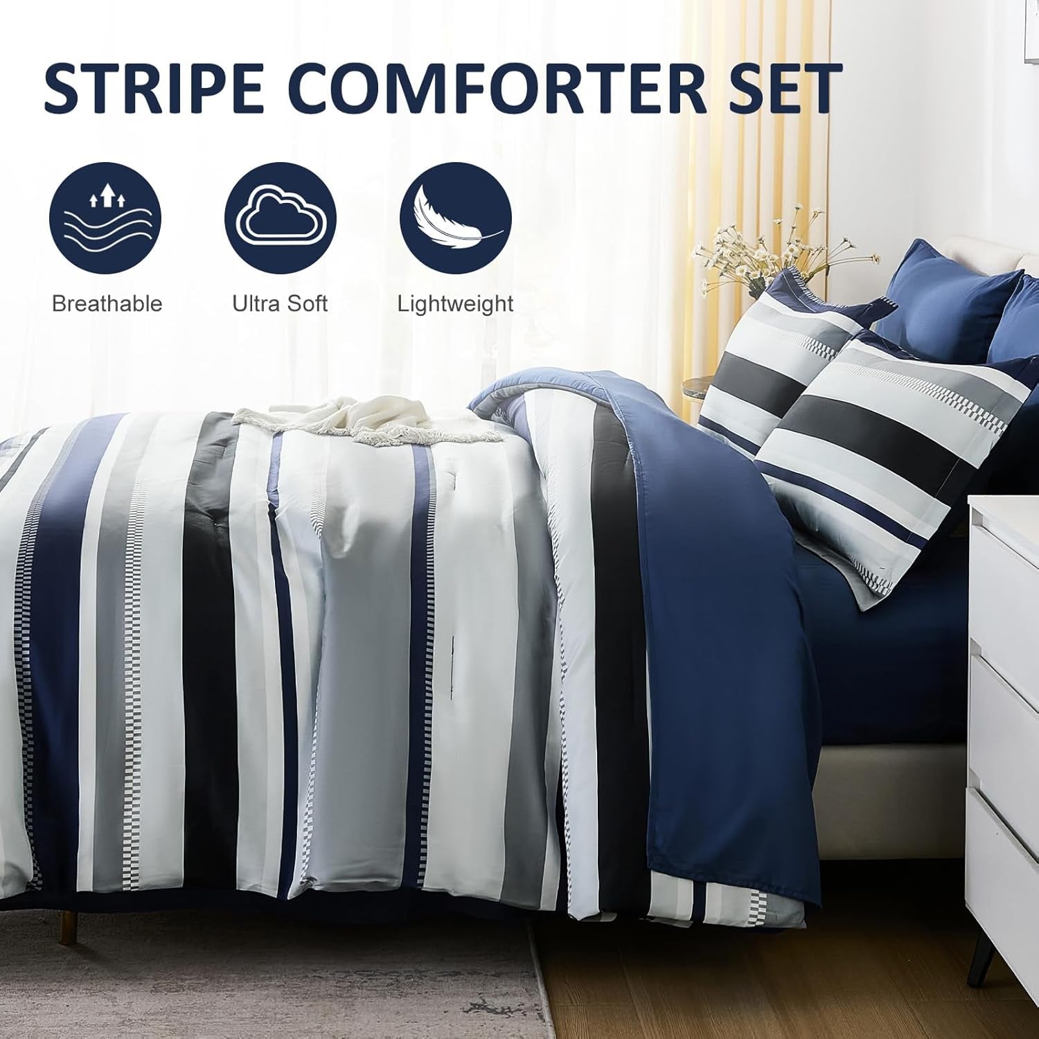 WONGS BEDDING Queen Comforter Set, 7 Pieces Navy Blue Comforter Set Queen Size, Soft Striped Bed in a Bag Bedding Set with Comforter, Flat Sheet, Fitted Sheet, Pillow Shams, Pillowcase