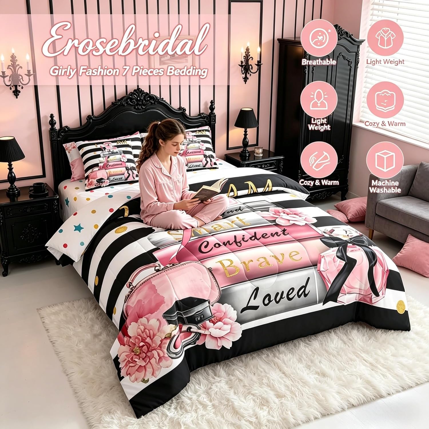 Erosebridal Pink Fashion Comforter Set with Sheets Queen for Girls Girly Modern Inspirational Quotes Women Abstract Black White Stripes Bed in a Bag Books Floral Perfume Makeup 7 Piece Bedding Set