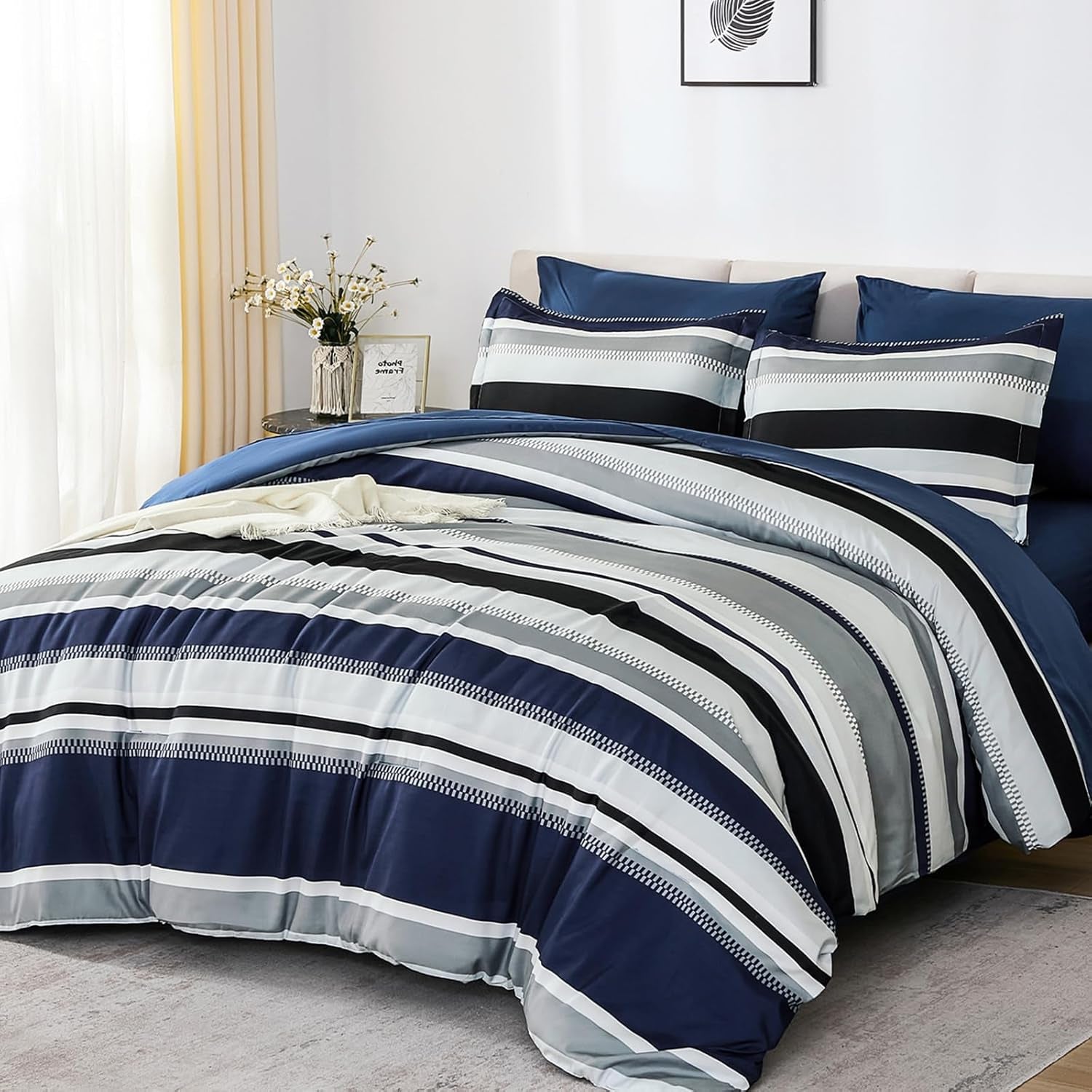 WONGS BEDDING Queen Comforter Set, 7 Pieces Navy Blue Comforter Set Queen Size, Soft Striped Bed in a Bag Bedding Set with Comforter, Flat Sheet, Fitted Sheet, Pillow Shams, Pillowcase