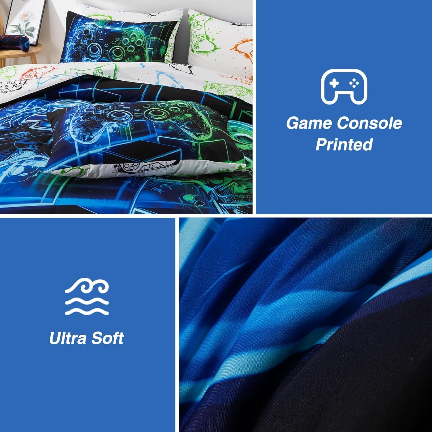 A Nice Night 5Pcs Gaming Comforter Set,Blue Green 3D Game Contoller Themed Keyboard Printing Bedding Sets for Kids Teen Boys, Reversible Comforter for All Seasons,Twin